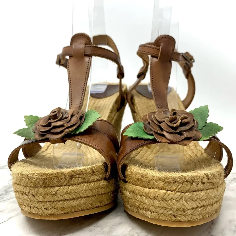 Andrea Assous Brown Leather Flower T-Strap Espadrille Wedges 9 Cottagecore